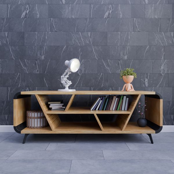 Wooden bookshelf with books, a lamp and a plant against a tiled wall — photo by Pușcaș Adryan on Pexels