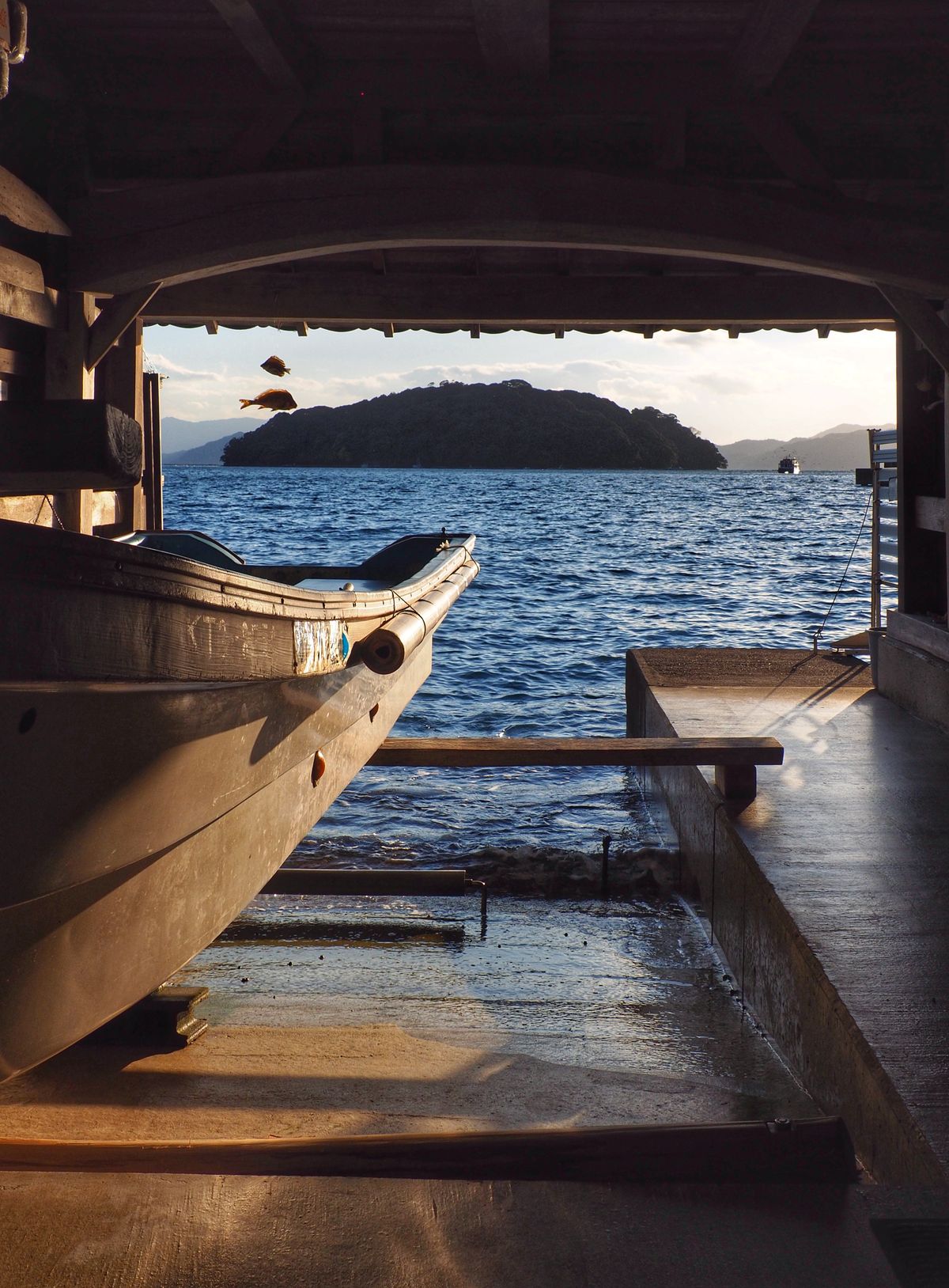 Forested Japanese islands and tranquil bay scenery in Tohoku, Japan