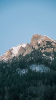 Snow-covered peaks with lush forests under clear blue skies, serene nature scene.