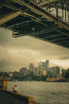 A moody sunrise view under Sydney Harbour Bridge with the skyline in the background.