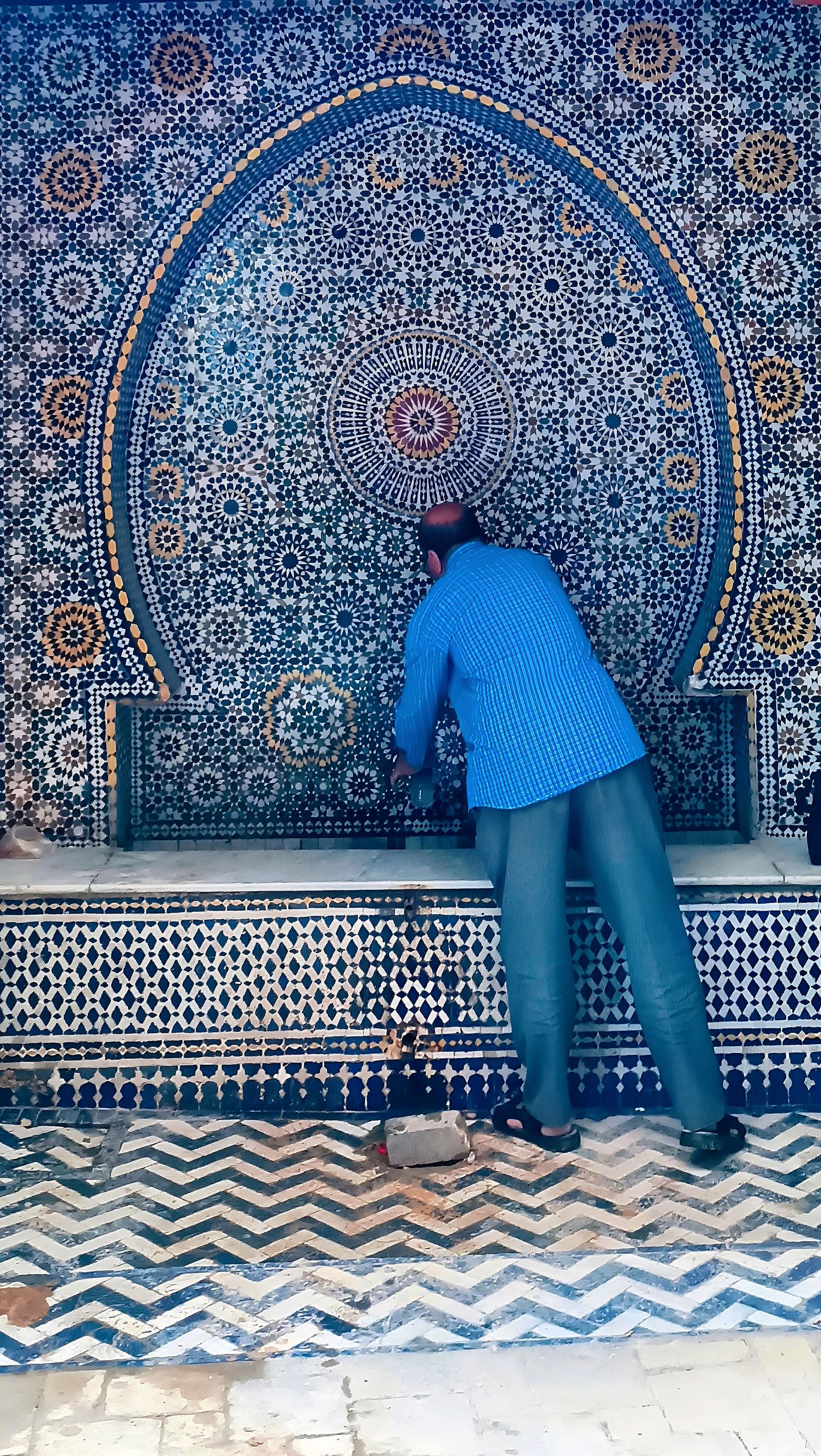 Traditional Moroccan zellige mosaic tilework fountain