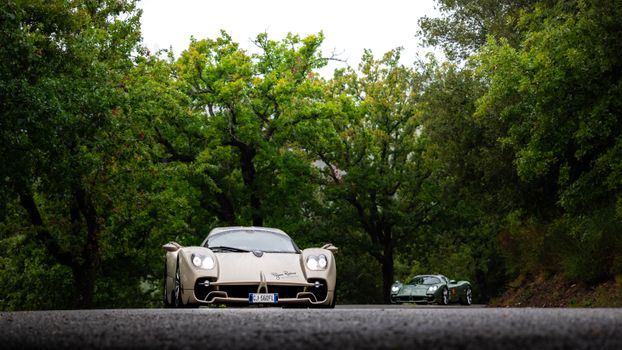 Two luxury sports cars driving through a lush forest on a paved road under a cloudy day.