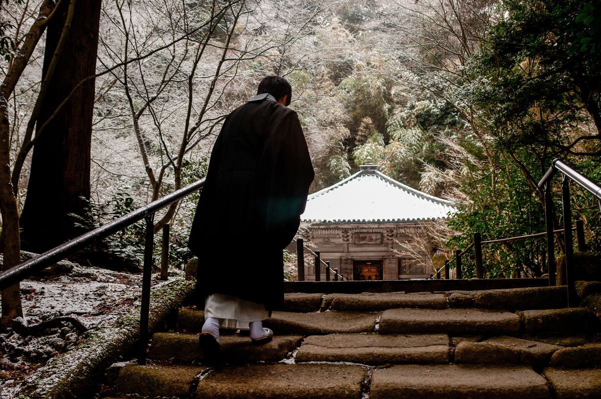 Stone pathway with steps leading through a forested hillside to a traditional Japanese temple gate