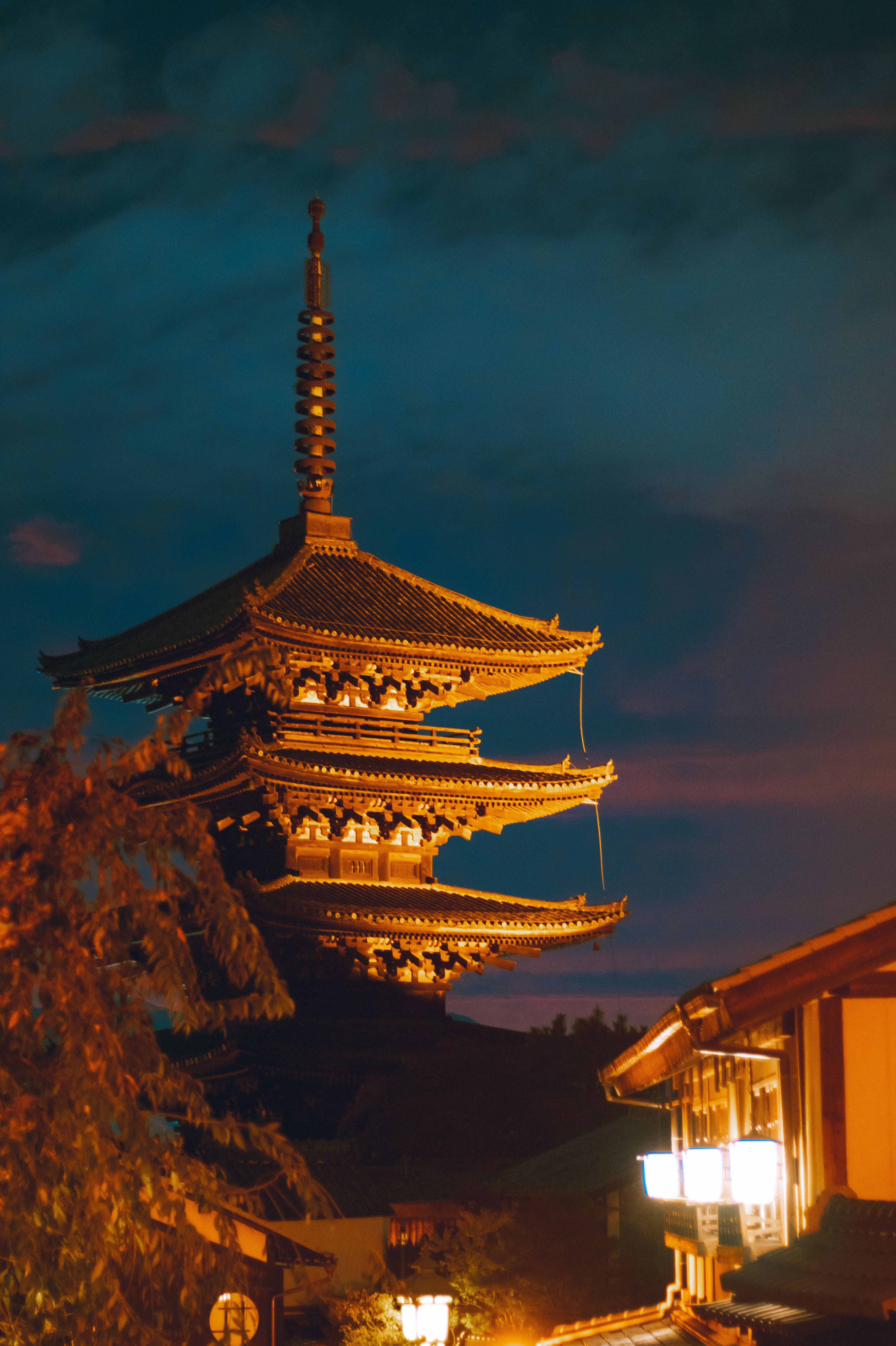 Yasaka Pagoda illuminated at dusk in Kyoto, Japan