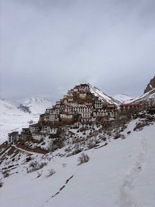 Free Ki Monastery nestled in the snow-covered Spiti Valley, showcasing stunning Himalayan architecture. Stock Photo