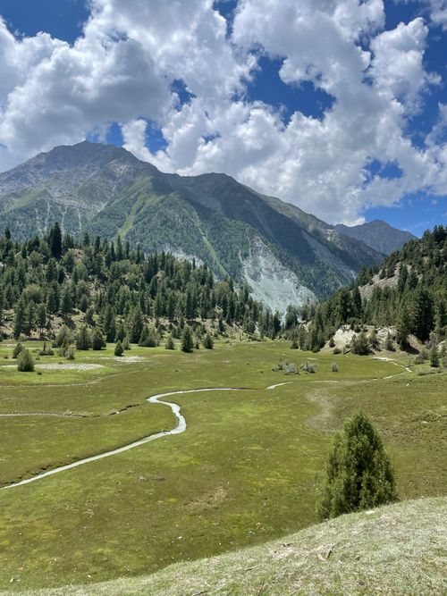 Free Peaceful mountain landscape with lush green valley and a winding stream under bright blue sky. Stock Photo