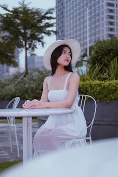 一位穿着白色连衣裙、戴着帽子的时髦女人，身处风景秀丽的城市户外