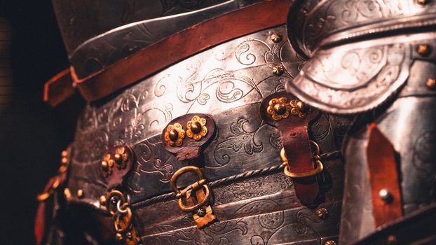 Detailed close-up of intricately designed medieval armor plates with gold accents and leather straps.