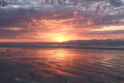 A breathtaking beach sunset with vibrant pink and orange hues reflecting on the tranquil water's surface.