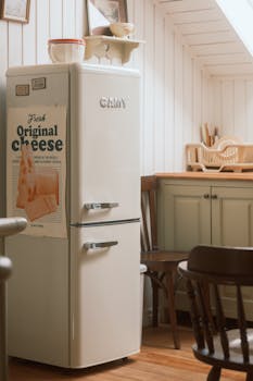 Warm vintage kitchen with a retro fridge and cozy ambiance.