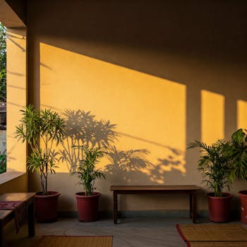 Cozy indoor space with sunlight casting shadows of potted plants on a wall.