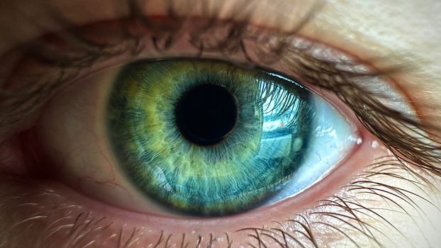 Detailed macro shot of a human eye showcasing vibrant blue-green iris and striking textures.