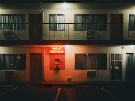 A nighttime view of a motel with a neon sign in Los Angeles, California.