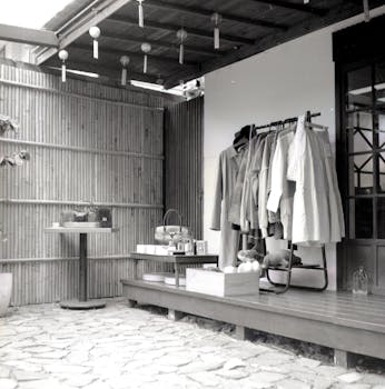 An artistic black and white photo of a vintage-style courtyard market in Taipei, Taiwan.