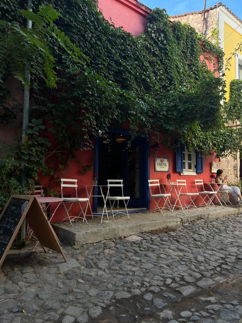 Free Quaint café with ivy-covered walls and cobblestone street in Cunda, Türkiye. Stock Photo