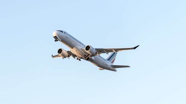 Jet aircraft flying high against a clear sky, showcasing air travel and aviation.