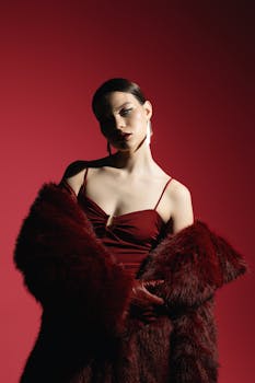 Striking model in a red outfit with dramatic lighting, capturing modern elegance and luxury.