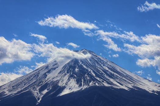 Striking photo of Mount Fuji with snow and clouds against a blue sky, showcasing natural beauty.