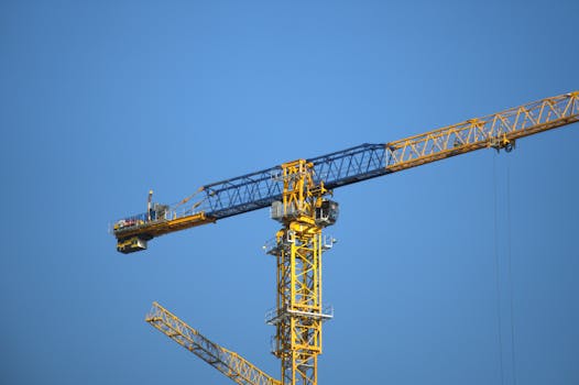 Close-up of a yellow tower crane with a clear blue sky background.