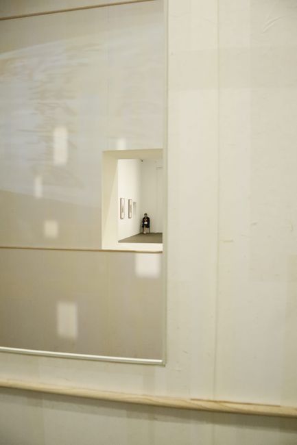 A serene art gallery interior in China with a lone visitor observing artworks.