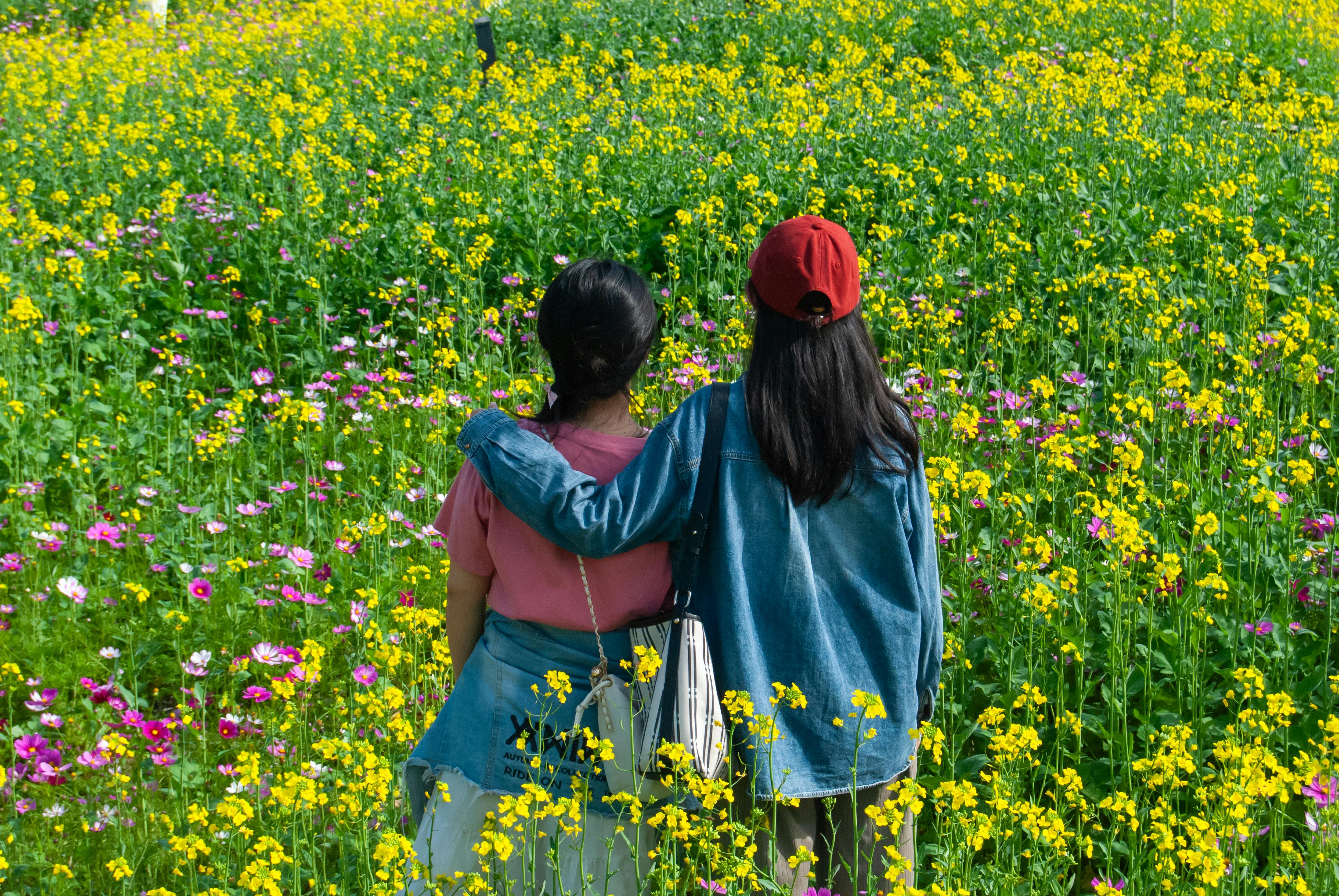 Two friends in a colorful wildflower field, embodying friendship and nature's beauty.
