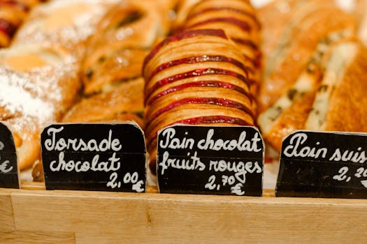 Assortment of French pastries with visible price tags in a bakery display, featuring torsade chocolat and pain fruits rouges.