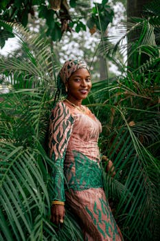 A woman in traditional Nigerian attire stands among lush greenery.
