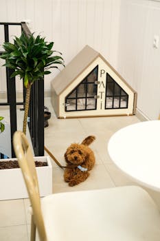 Adorable brown dog sitting indoors beside a stylish pet house with a leash.