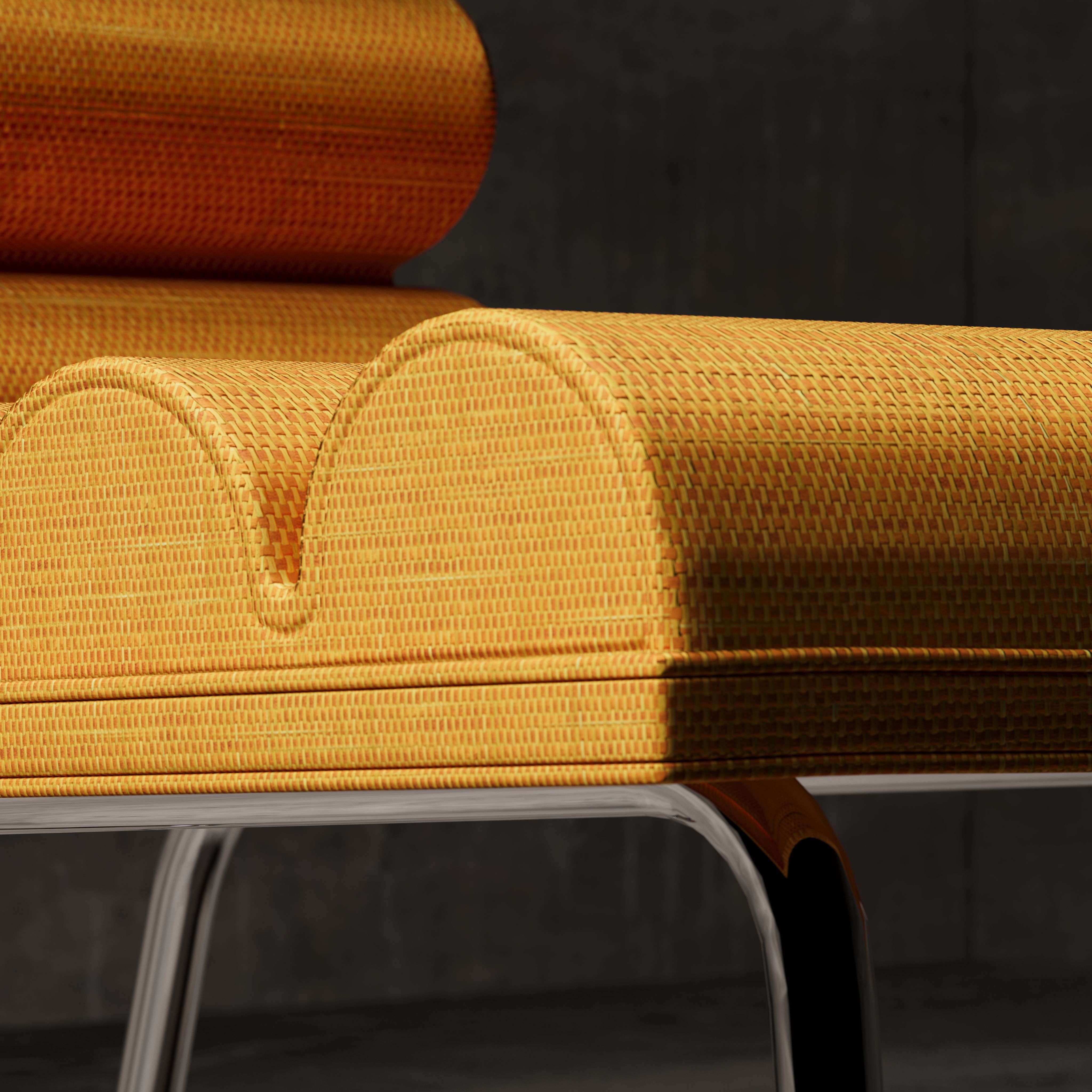 Close-up of a modern yellow woven lounge chair with metal legs, showcasing elegant design.