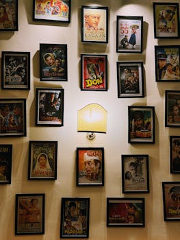 Vintage Bollywood film posters artfully arranged on a warmly lit wall