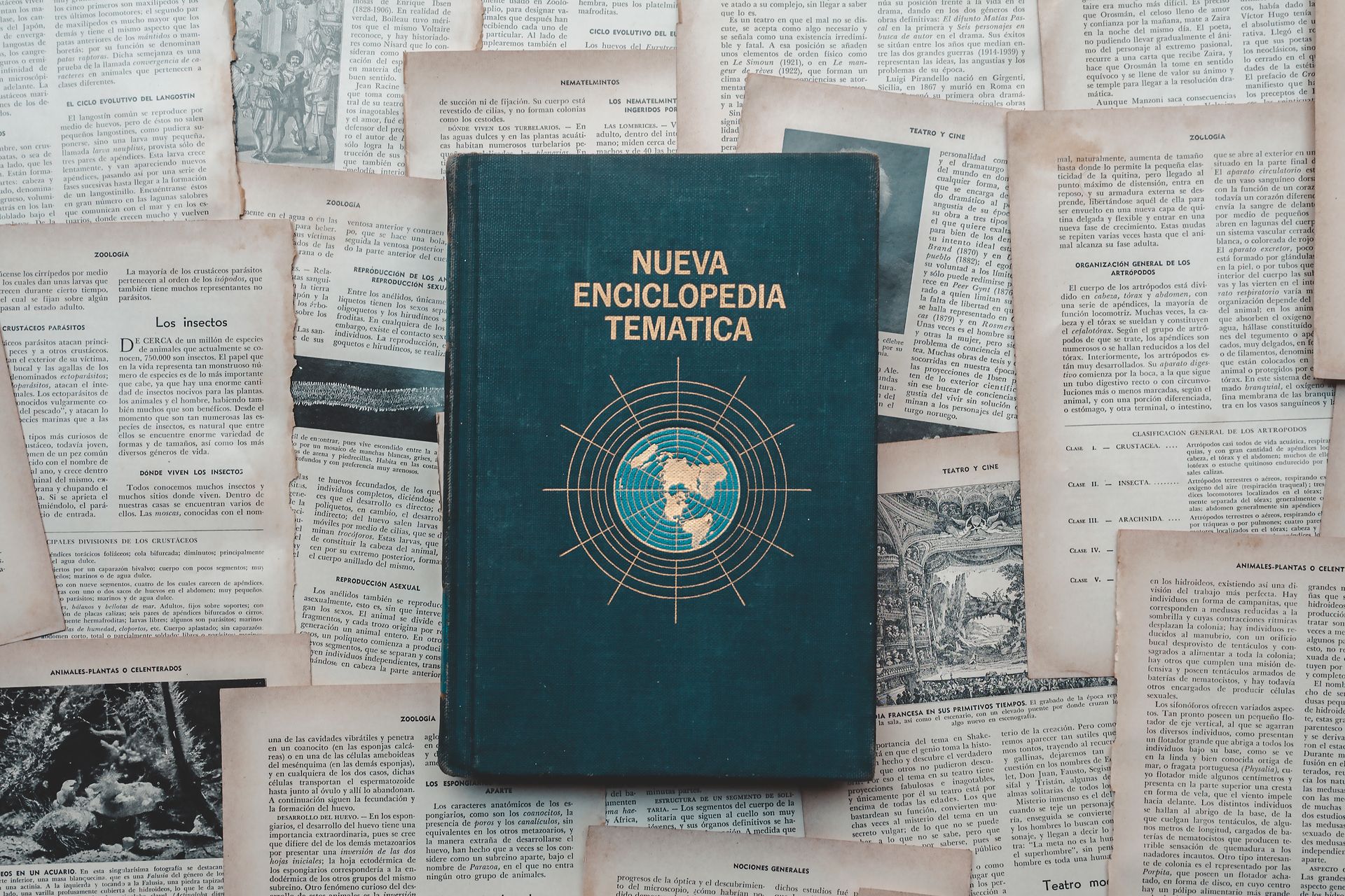 A classic encyclopedia book surrounded by historical text pages, evoking a sense of knowledge and history.