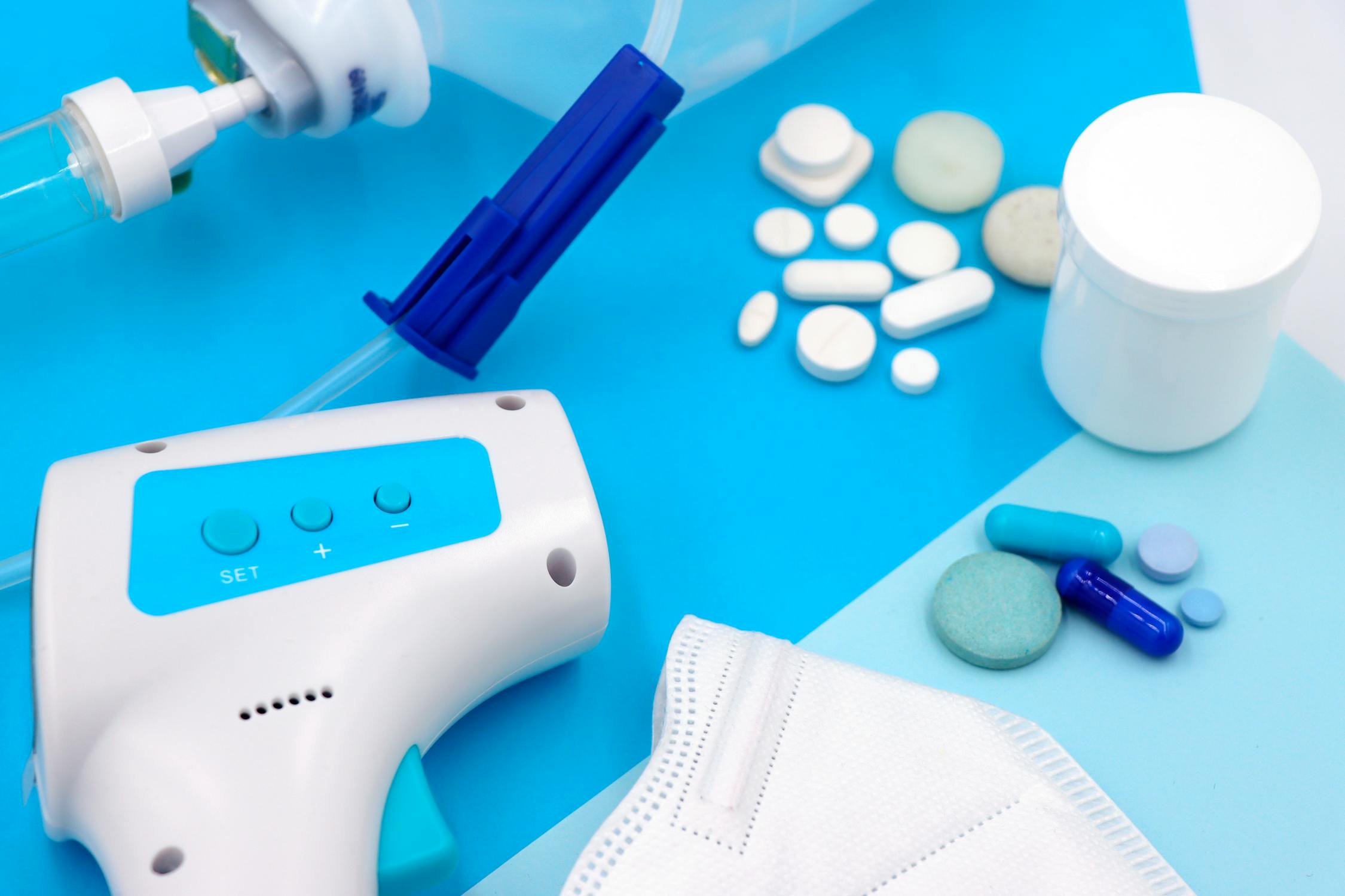 medical stuff on blue paper