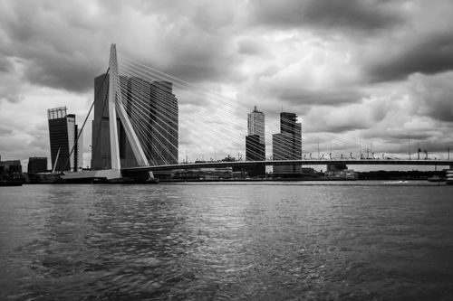 Free Black and white photo of Erasmus Bridge and Rotterdam skyline, highlighting architectural elegance under dramatic skies. Stock Photo