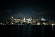 迷人的城市天际线在夜晚被照亮，倒映在平静的水面上