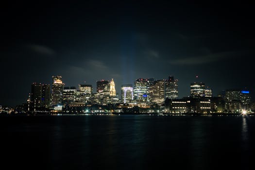 迷人的城市天际线在夜晚被照亮，倒映在平静的水面上