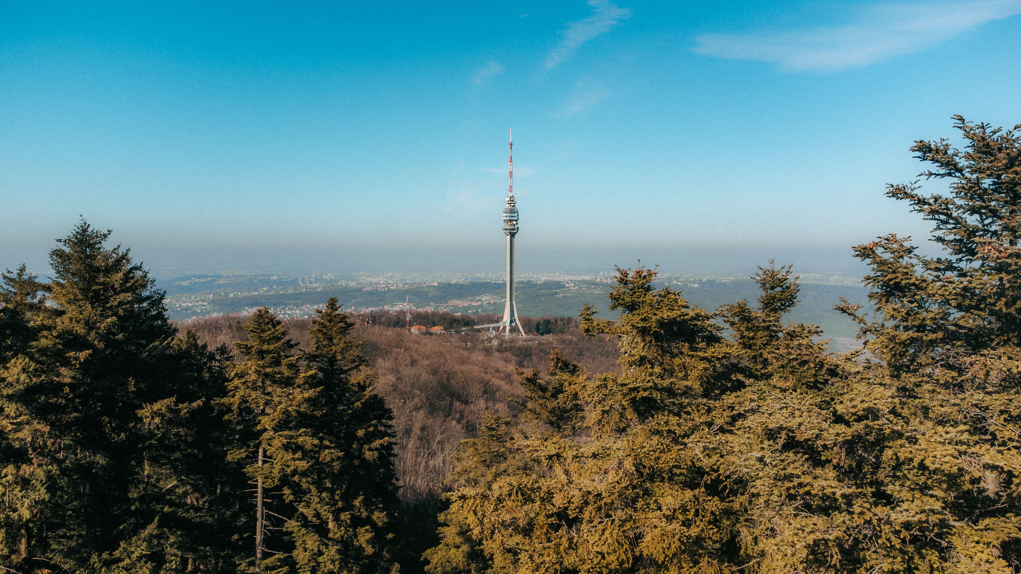 A panoramic view of Avala Tower in Serbia surrounded by lush forest under a clear blue sky.