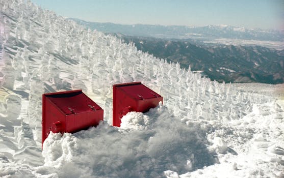 Red boxes in snowy mountains with 'Snow Monsters' in Yamagata, Japan.