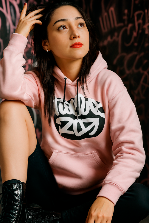 Free Young woman in a pink hoodie posing against graffiti wall. Urban fashion shot capturing contemporary style. Stock Photo