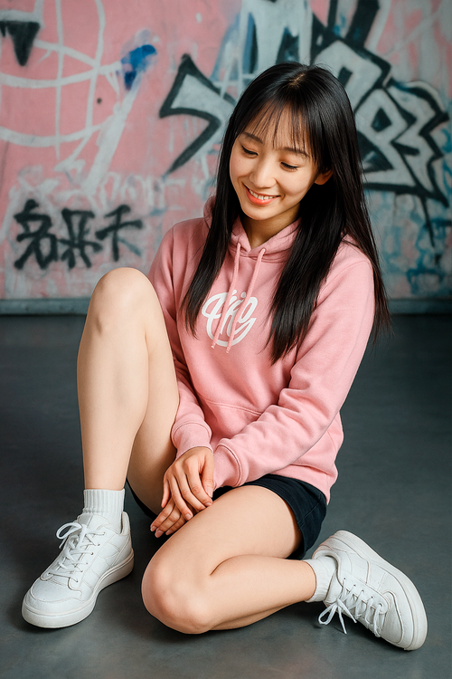 Free Casual portrait of a young woman in a pink hoodie and sneakers against a graffiti wall. Stock Photo