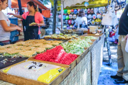 Colorful food market stall with fresh ingredients in Tokyo. Ideal for travel and cultural themes.