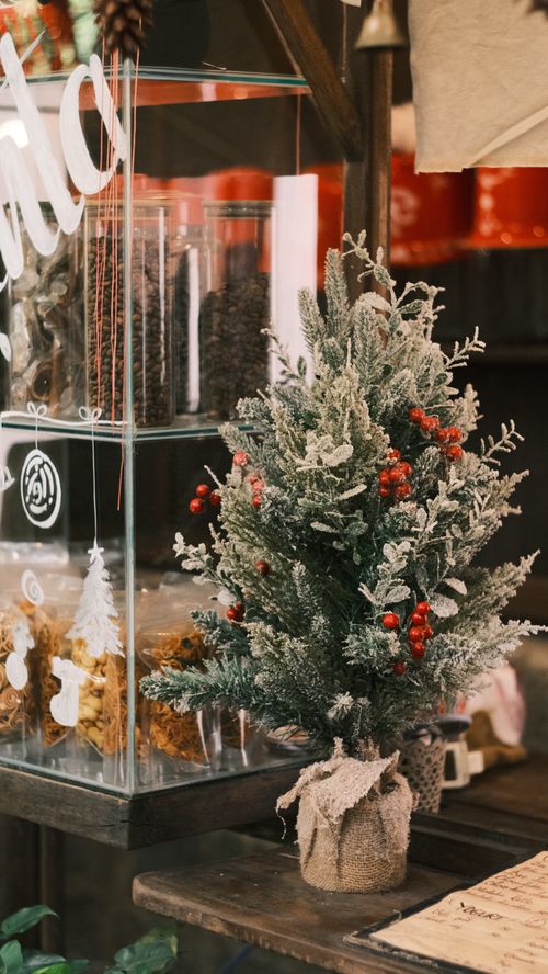 Free Seasonal decor with a snow-covered mini Christmas tree and berries in a cozy cafe setting. Stock Photo
