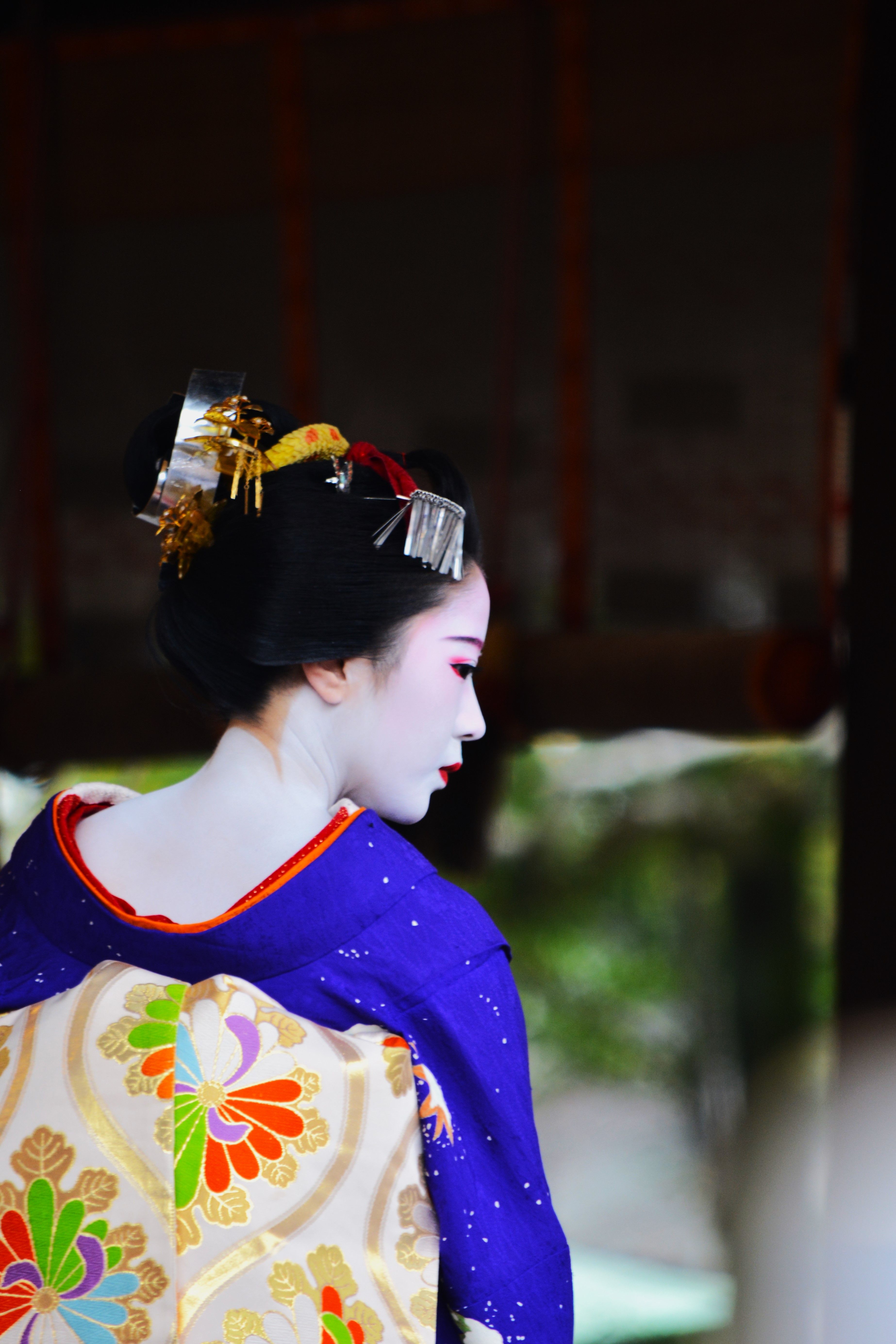 A graceful maiko captured in traditional kimono from behind, showcasing elegant details.