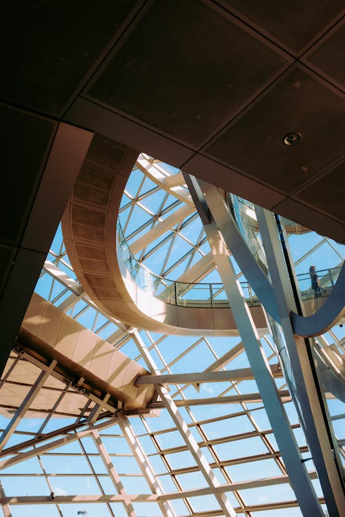 金属フレームのガラスの天井のローアングル写真