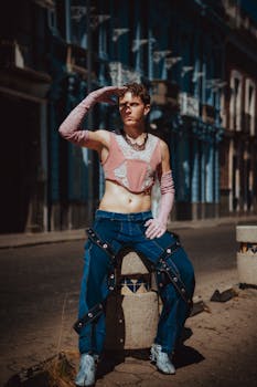 Model posing in fashion attire on a sunny day in Puebla, Mexico.