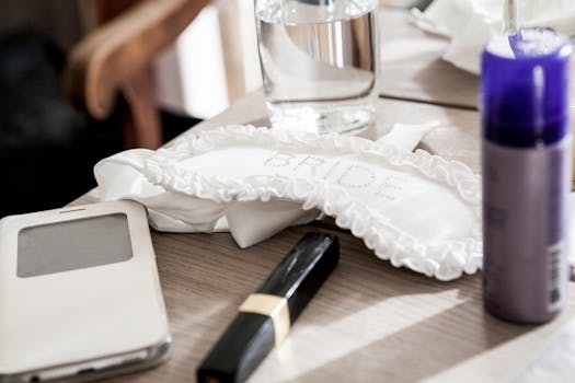 A bride's table featuring makeup items, a smartphone, and a decorative BRIDE sleep mask.