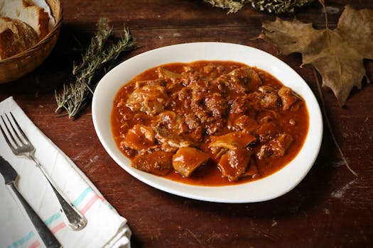 Hearty Italian tripe stew served with bread and herbs on a rustic wooden table.