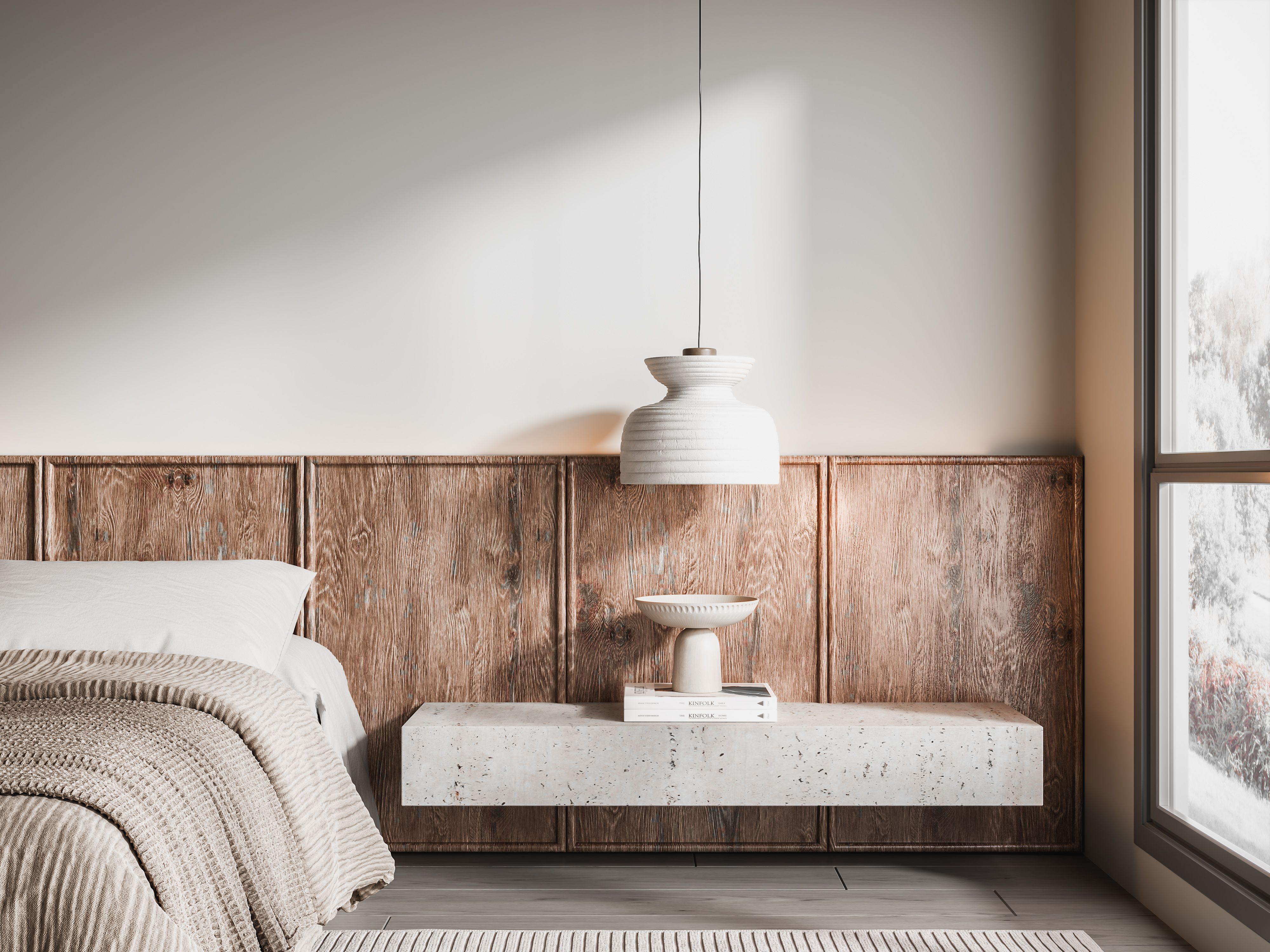 Elegantly designed modern bedroom with wooden accents and natural lighting.