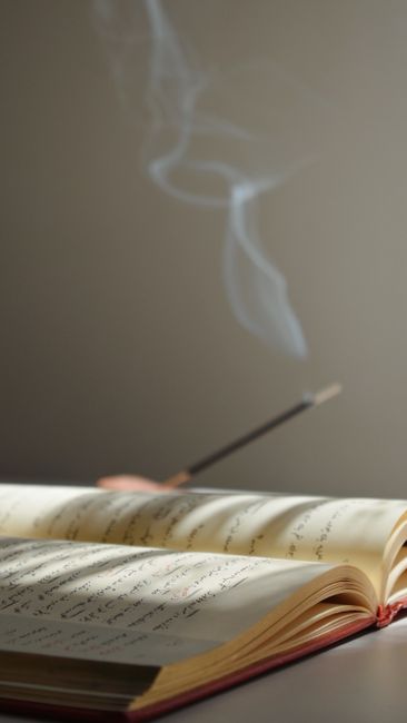 A tranquil scene of an open book and incense stick with gentle smoke in soft lighting.