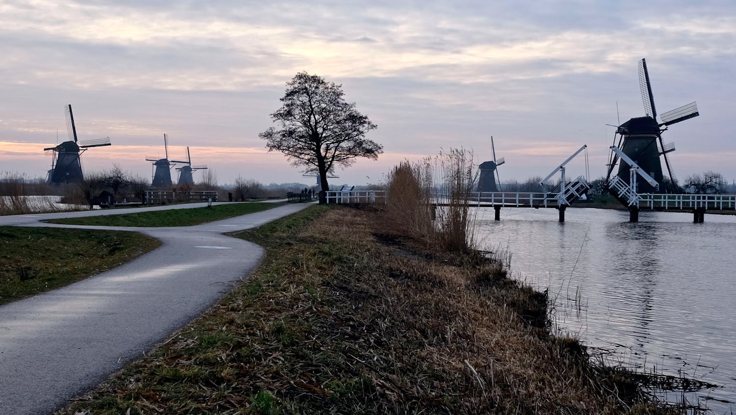 Explore the picturesque windmills of Kinderdijk during sunset