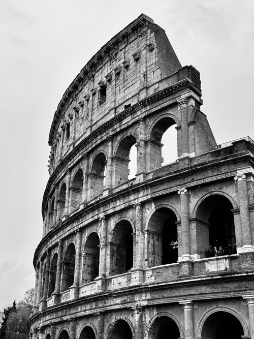 Free Black and white photo of the iconic Colosseum showcasing its ancient architecture in Rome. Stock Photo